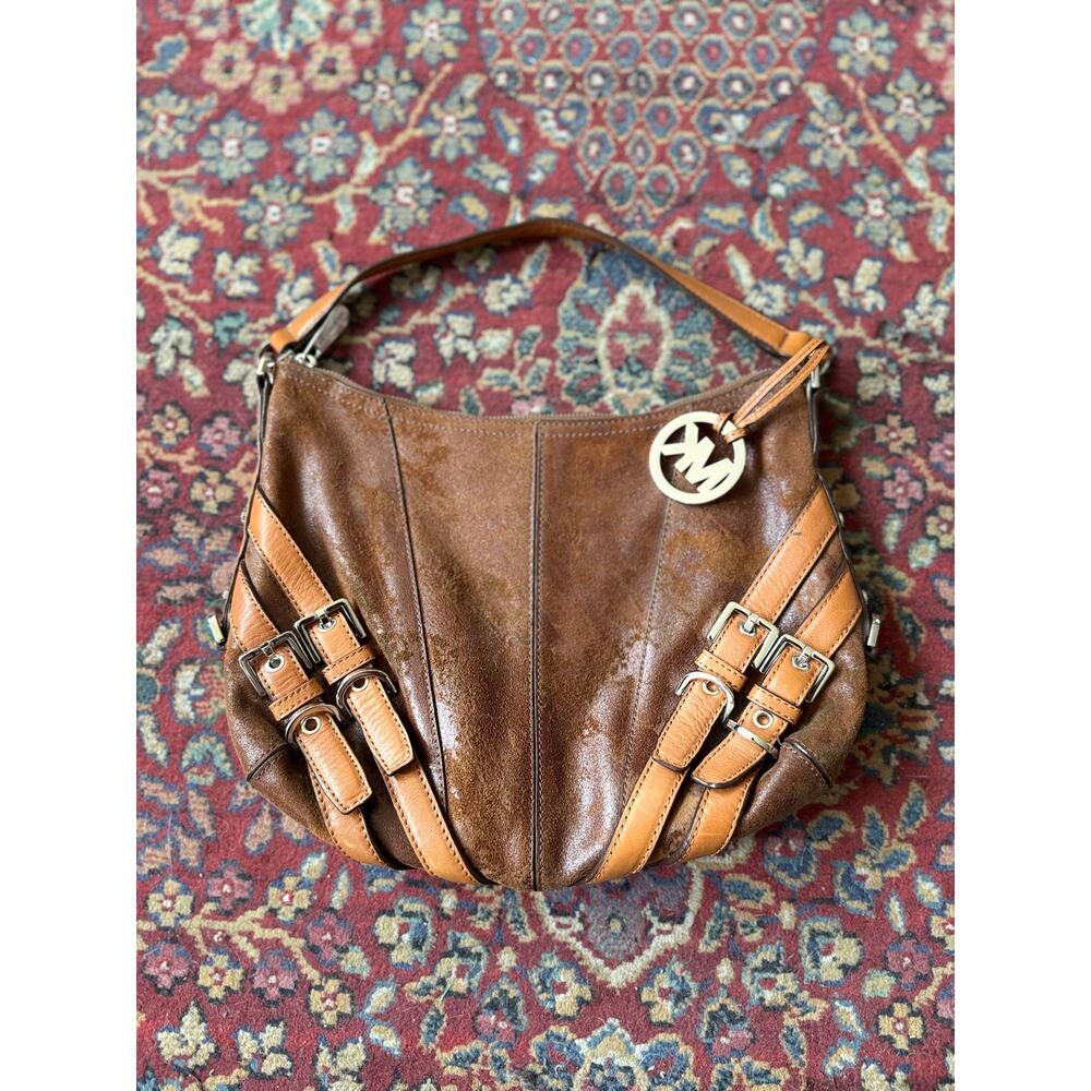 2007 Michael Kors Brown Distressed Leather HandBag With Buckle Details
